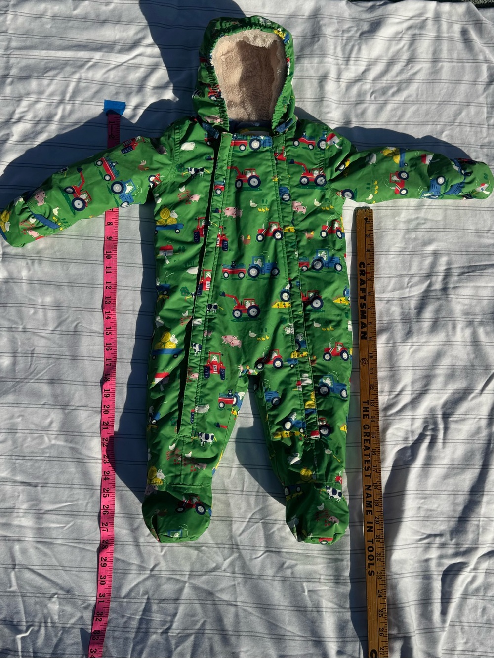Baby Boden Tractor Farm Snowsuit Bunting Pram Suit Green Fleece Sherpa 9-12M 80c